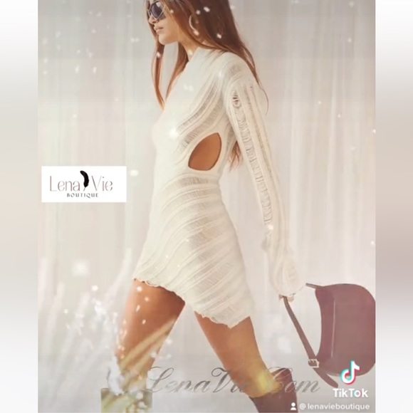 Powder Line Knit Long Sleeve Faux Wrap Cutout Sweater Mini Dress, High Neckline - Picture 3 of 8